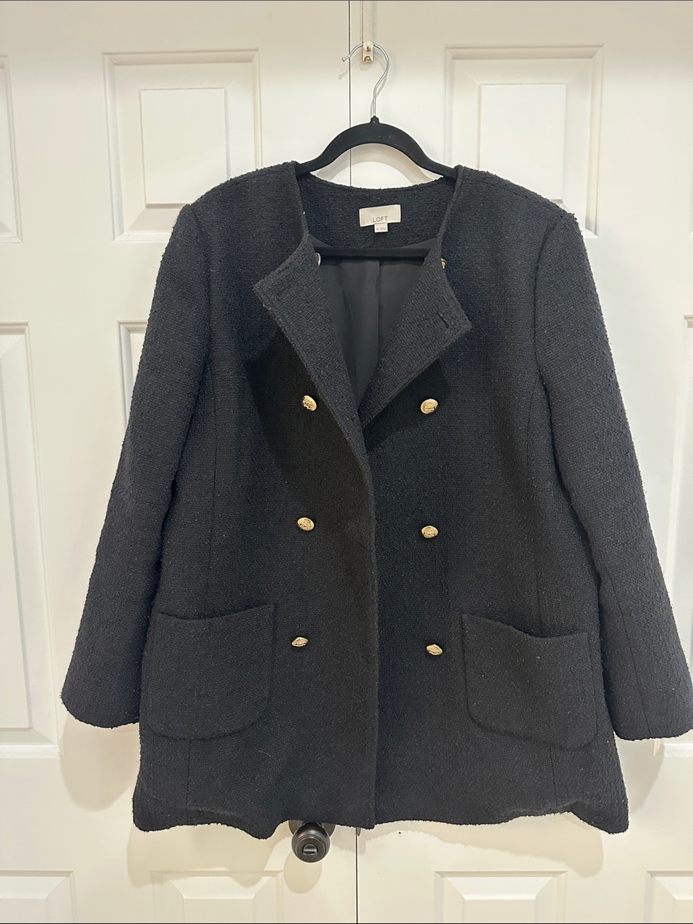 LOFT Black Bouclé Double-Breasted Pea Coat with Gold Buttons